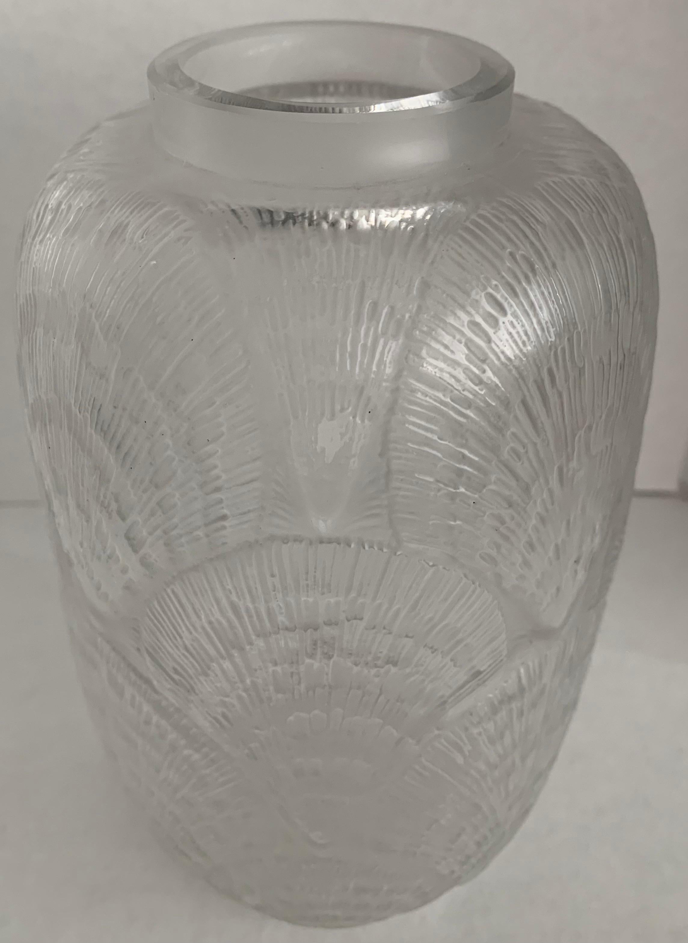 1920s Lalique France opalescent coquilles vase. Etched Lalique France signature on the underside. 