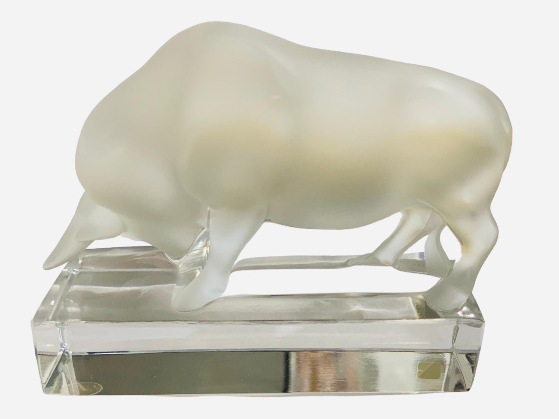 Molded Lalique France Frosted Crystal Bull Sculpture  For Sale