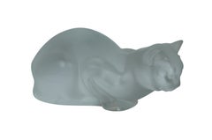 Lalique France Frosted Crystal Crouching Cat Chat Crouche Figurine 11602 10"