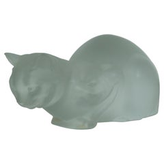 Lalique France Frosted Crystal Crouching Cat Chat Crouche Figurine 11602 10"