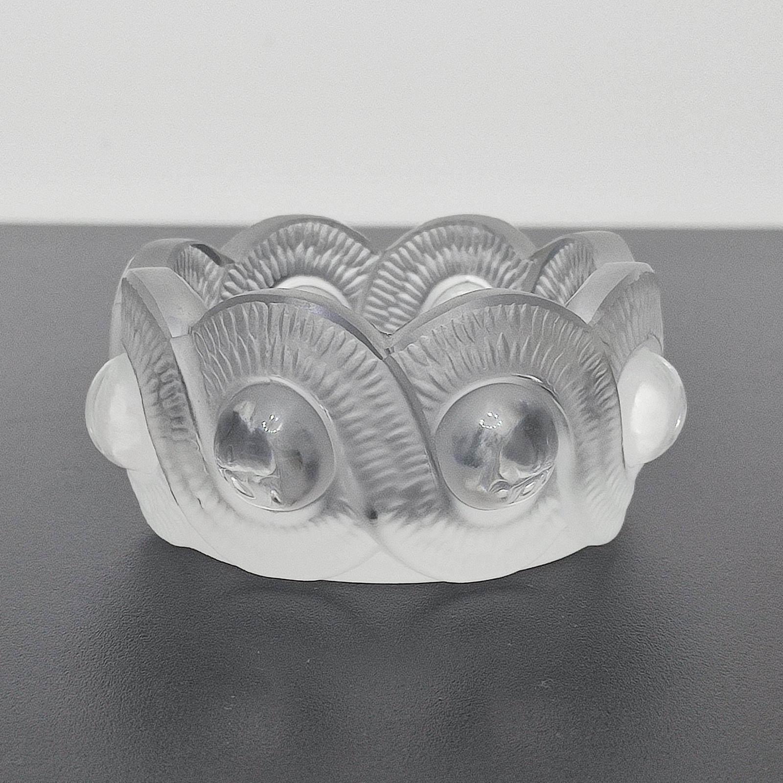 Vintage crystal Lalique France Gao ashtray / bowl. Satin serpentine border with clear round hemispheres. Marked on bottom 