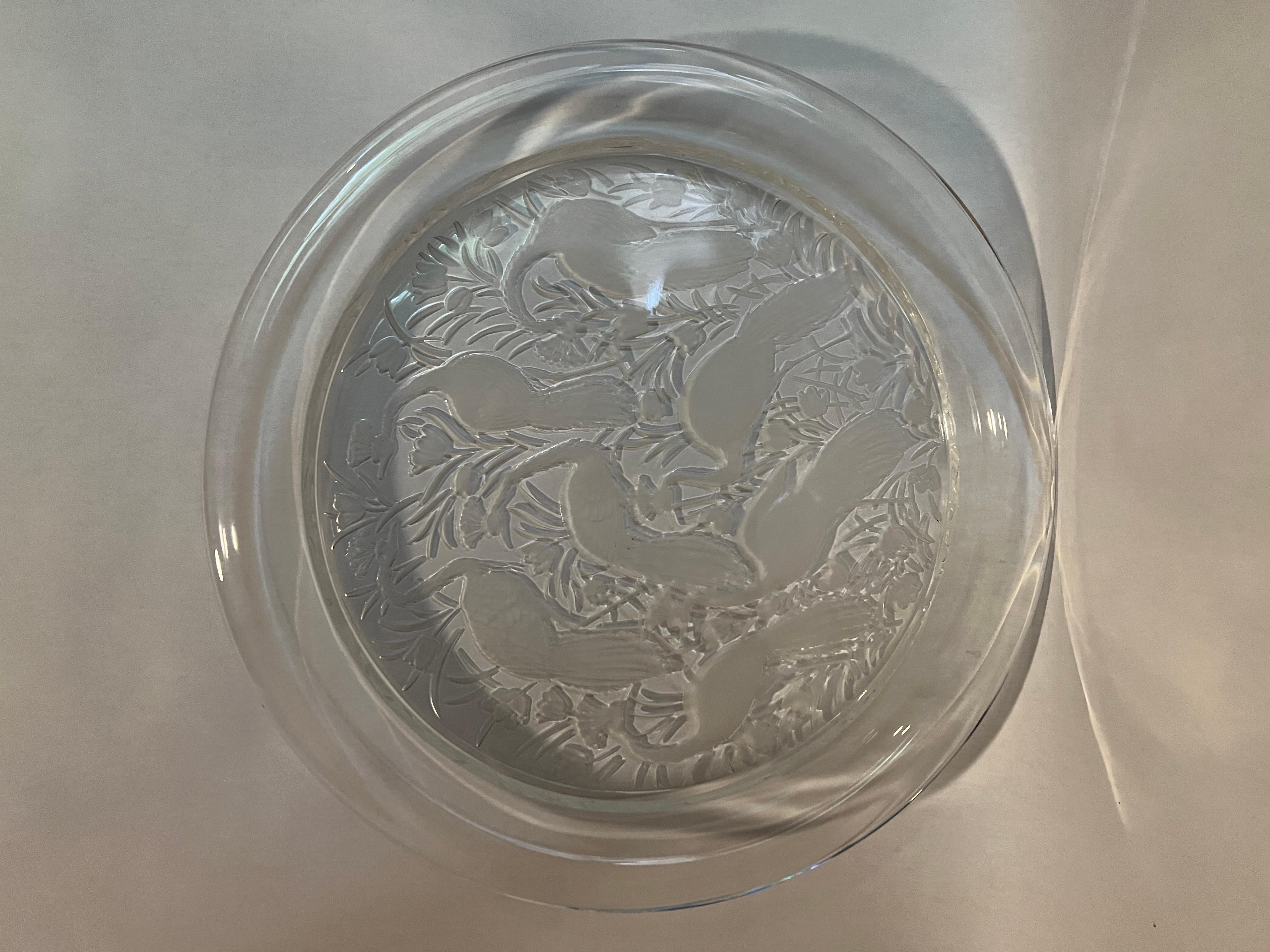 French Lalique France “Nigerian” Pattern Crystal Platter Peacocks!