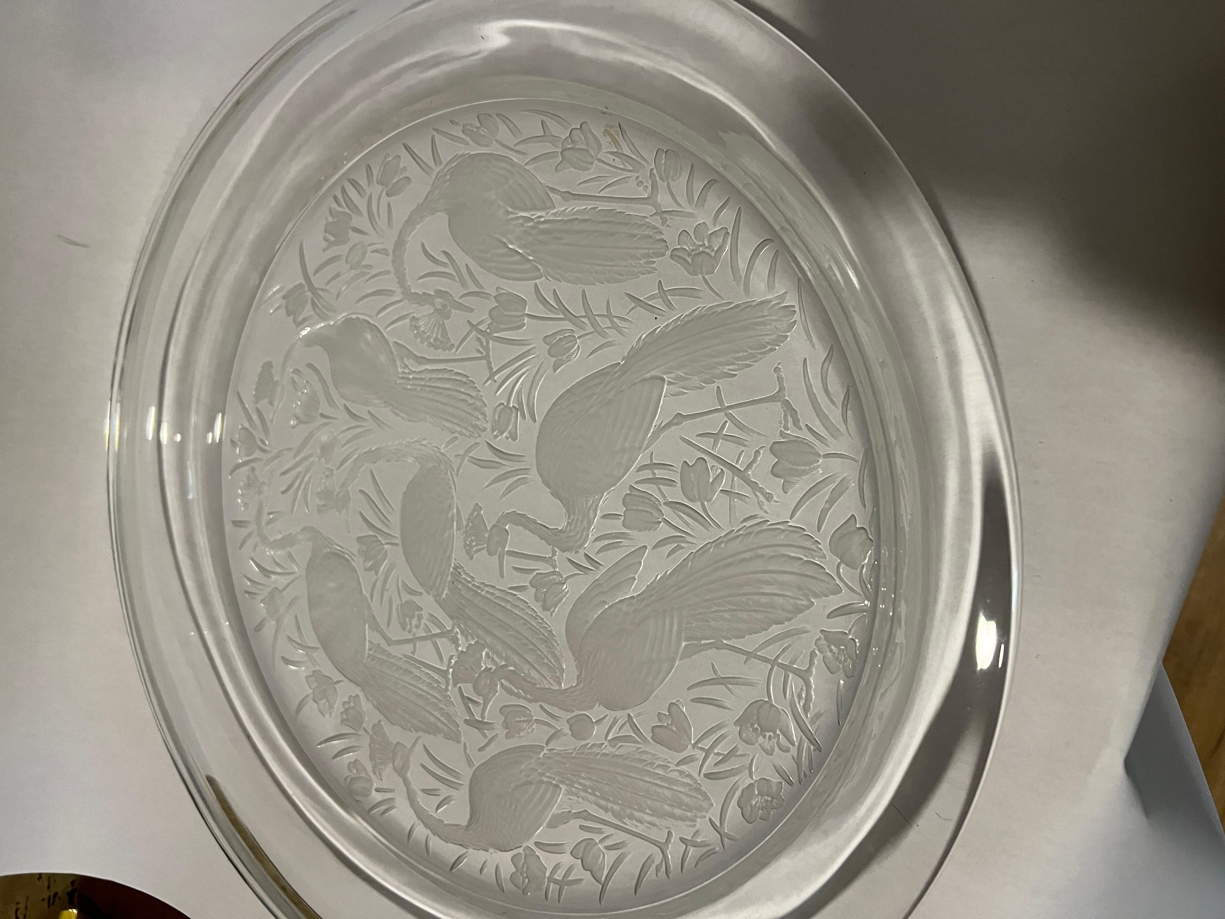 Lalique France “Nigerian” Pattern Crystal Platter Peacocks! In Good Condition In Atlanta, GA