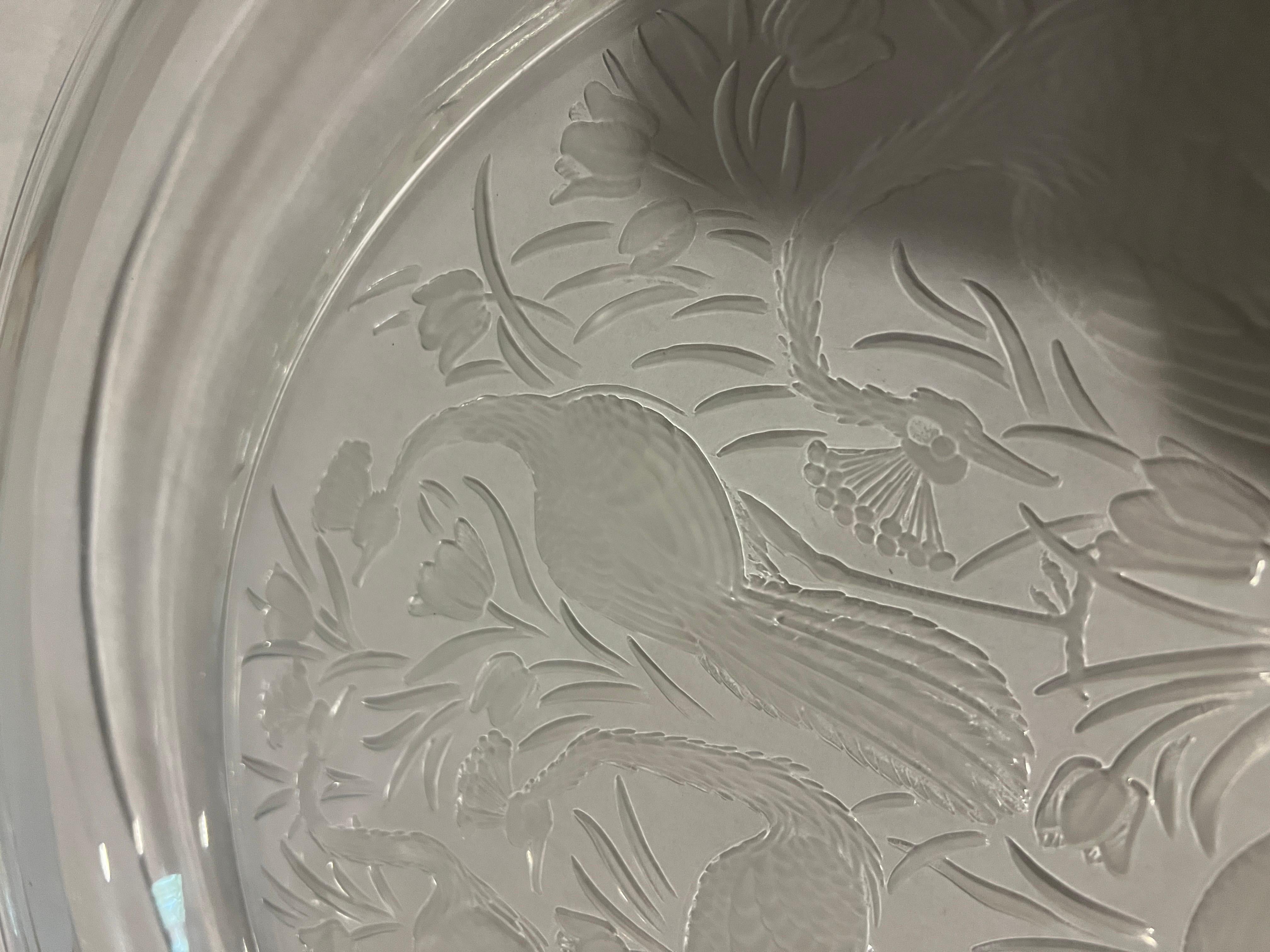 20th Century Lalique France “Nigerian” Pattern Crystal Platter Peacocks!