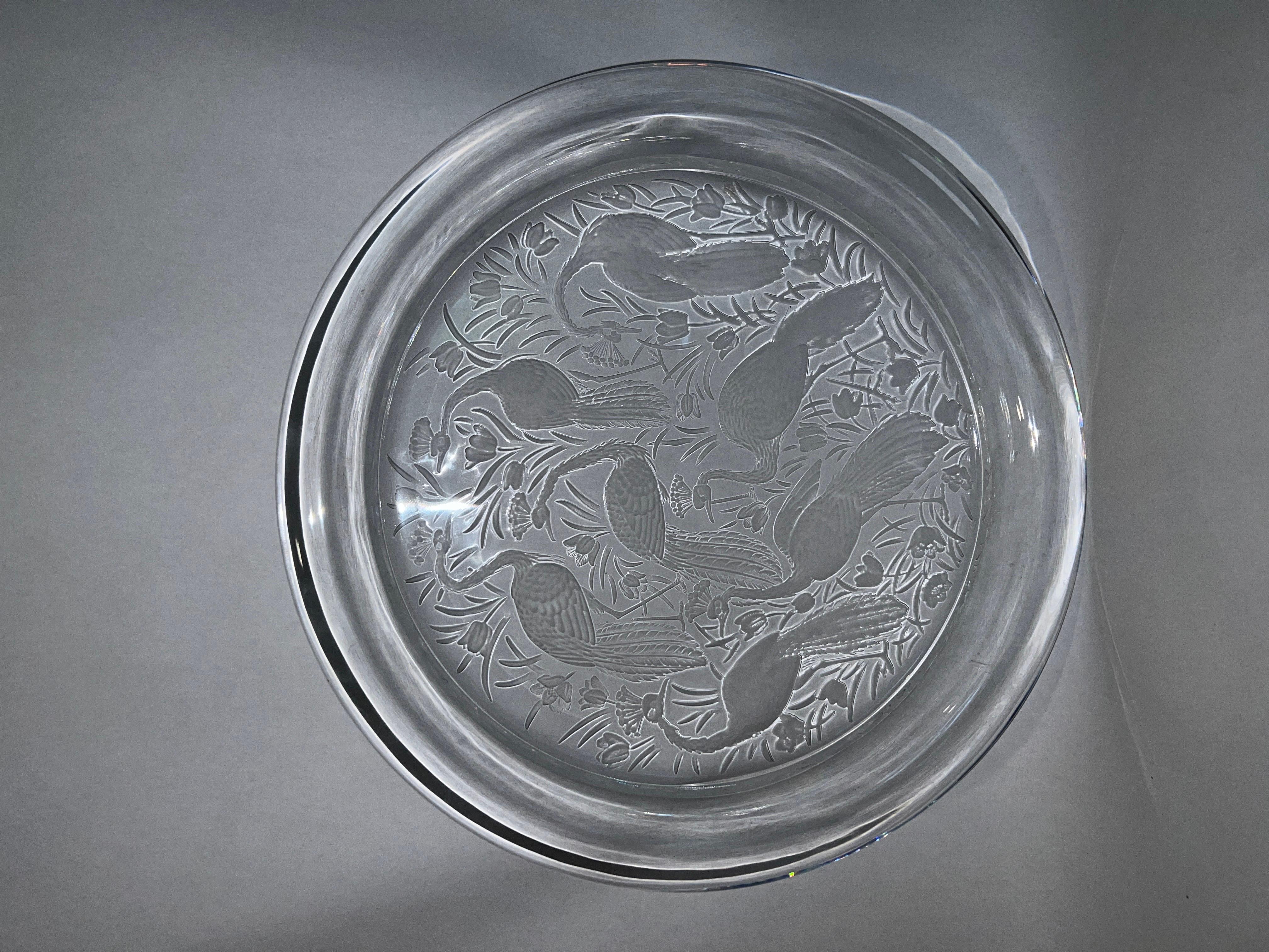Lalique France “Nigerian” Pattern Crystal Platter Peacocks! 2