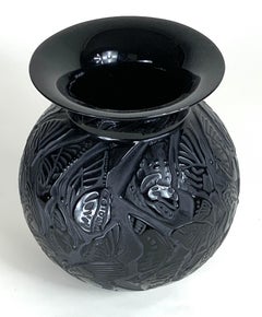 Lalique France “Nymphale” Black Crystal Vase, post-1945