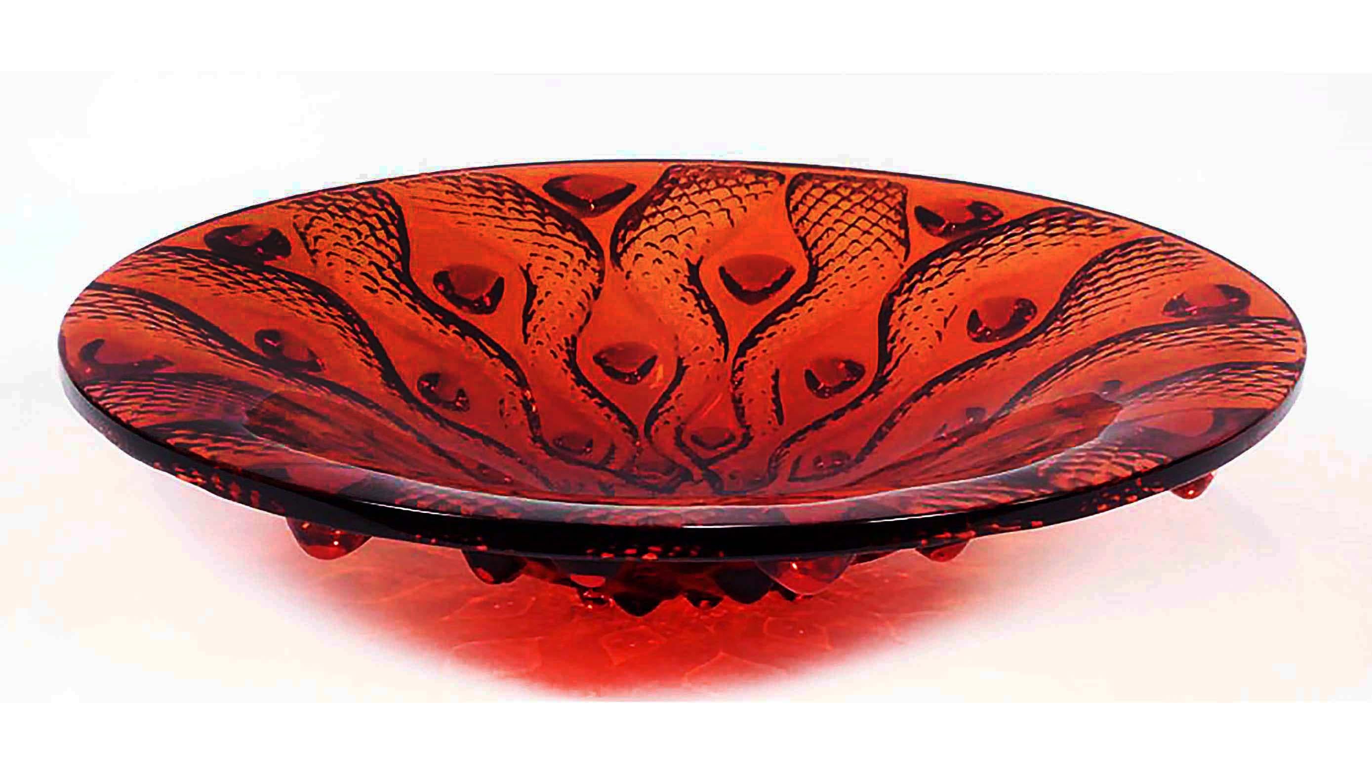 Lalique France red crystal serpentine centerpiece bowl in the box

Offered for sale is a large 20th century Lalique 