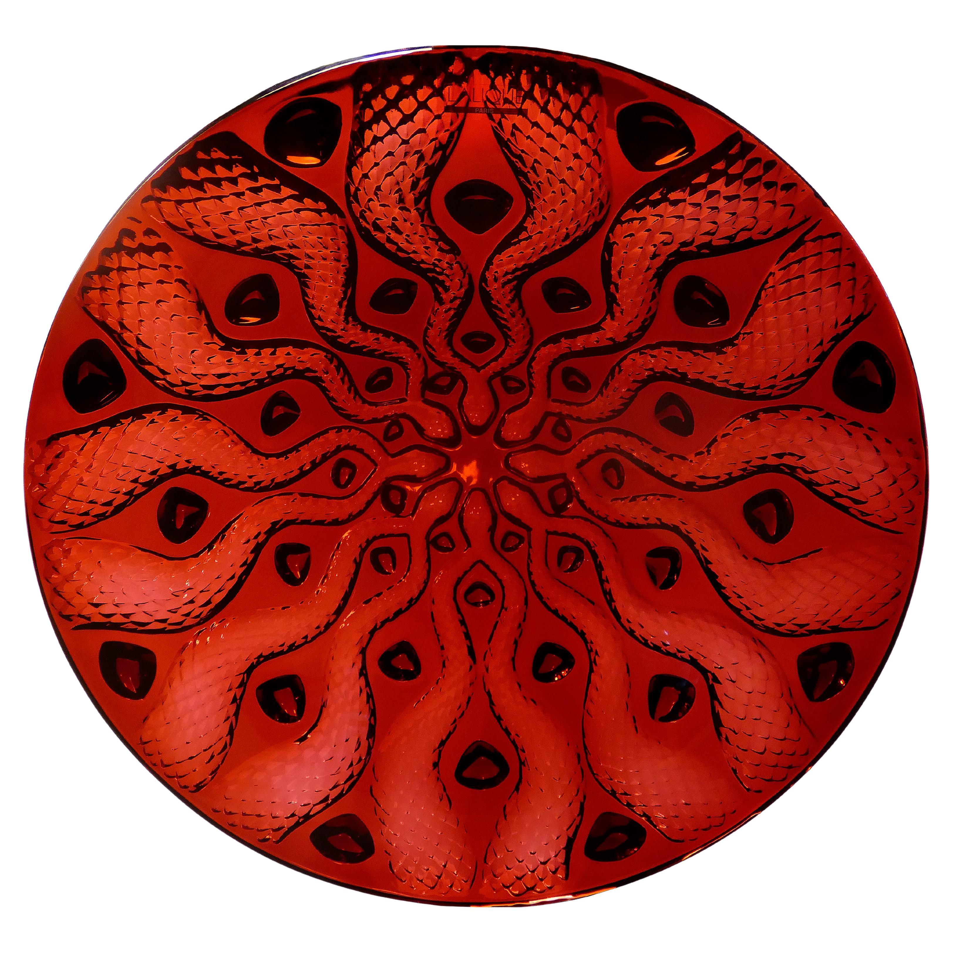 Lalique France Red Crystal Serpentine Centerpiece Bowl in the Box