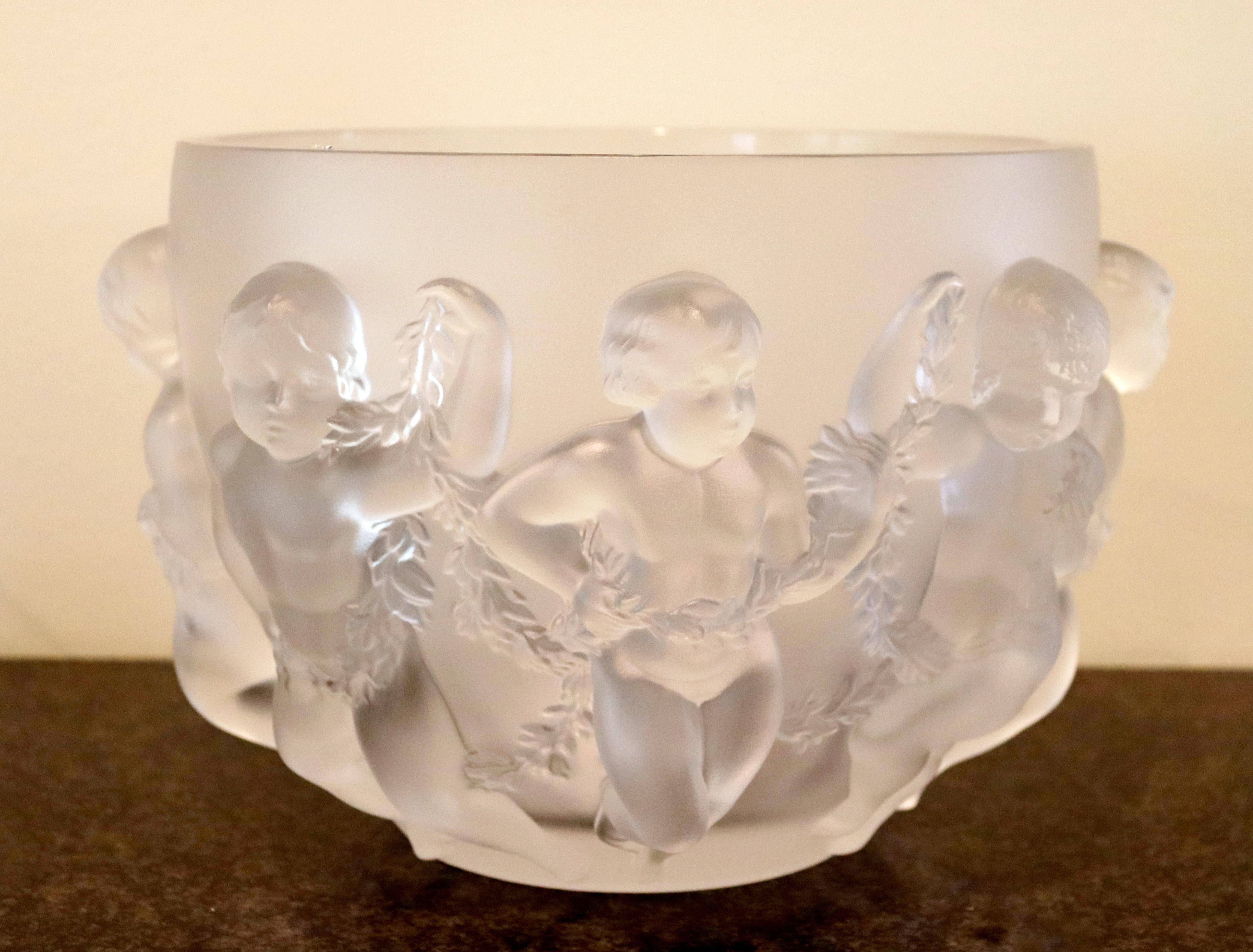 French Lalique France Signed Crystal Glass Bowl Luxemburg Greco Roman Children Figure