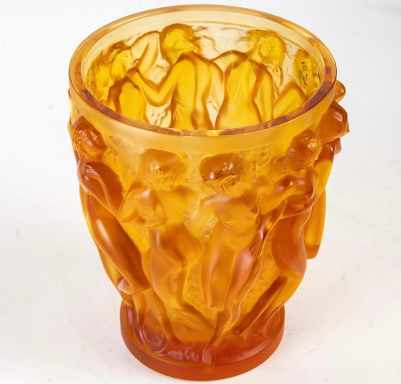 Art Deco Lalique France, Vase Bacchantes Yellow Amber Crystal
