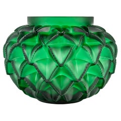 Lalique France - Vase Languedoc Emerald Green Crystal - Cactus Leaves