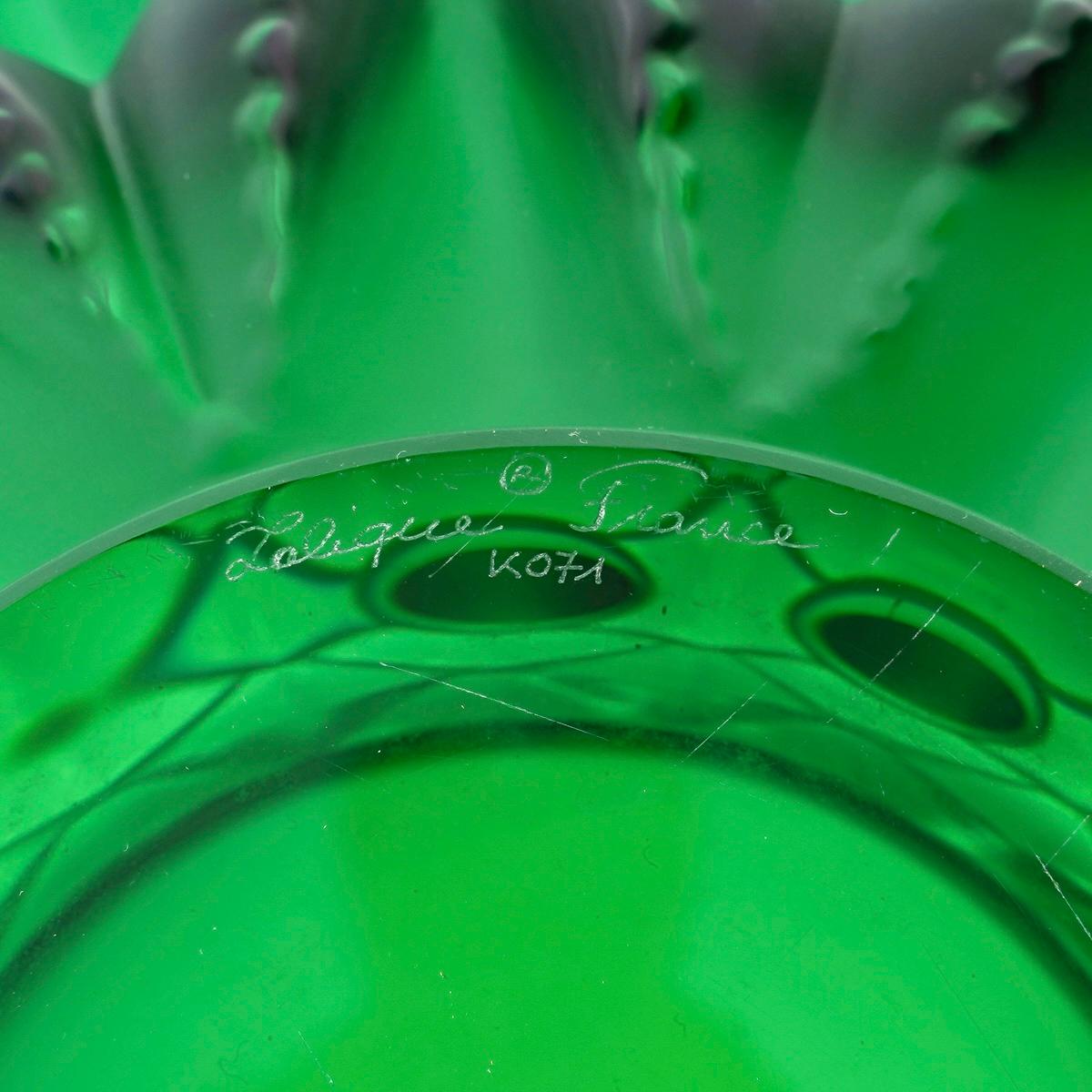 Molded Lalique France - Vase Languedoc Emerald Green Crystal - Cactus Leaves - NEW
