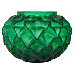 Lalique Frankreich - Vase Languedoc Smaragdgrüner Kristall - Kakteenblätter - NEU