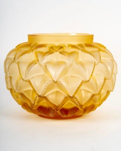 Lalique France - Vase Languedoc Yellow Amber Crystal - Cactus Leaves
