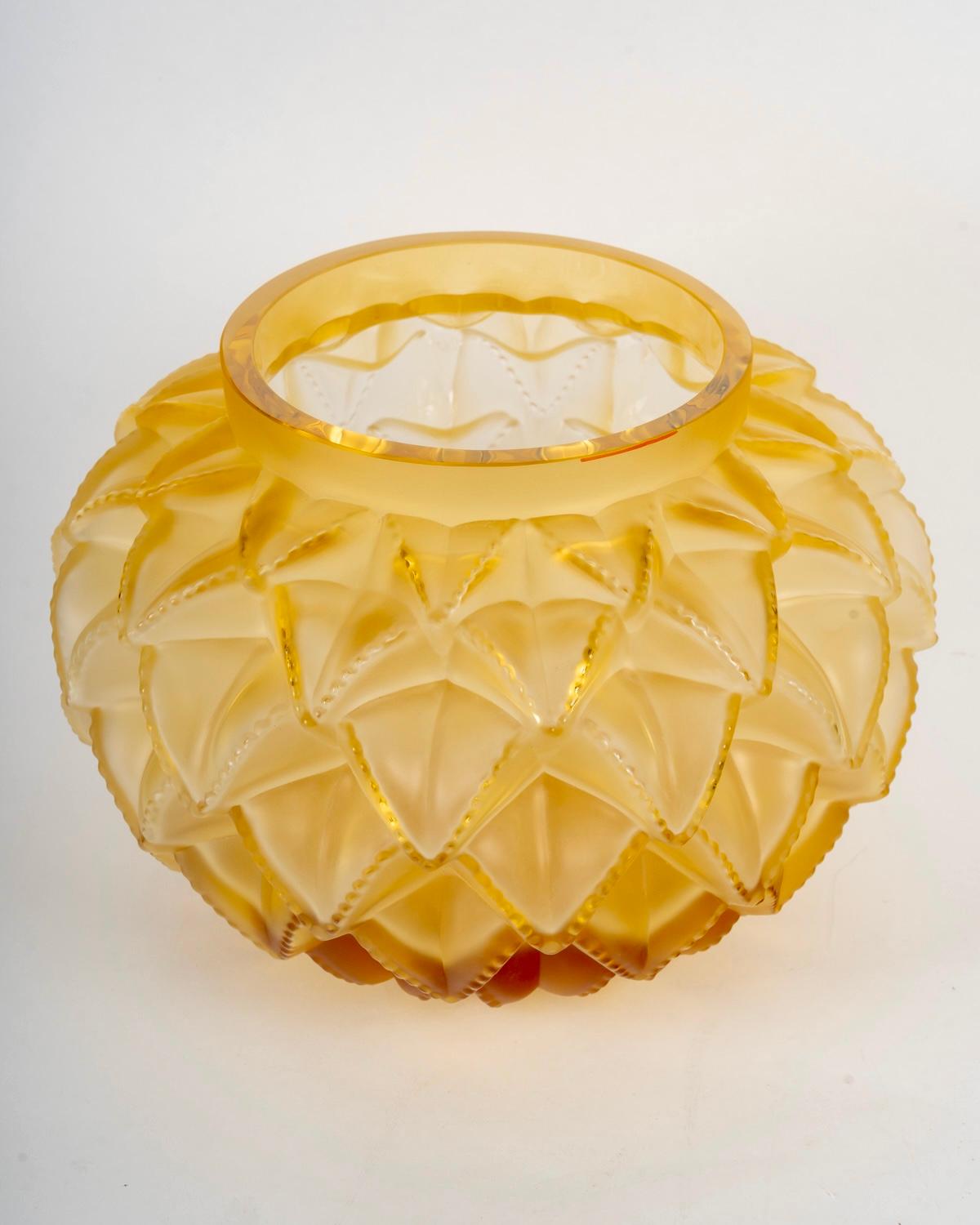 Art Deco Lalique France - Vase Languedoc Yellow Amber Crystal - Cactus Leaves
