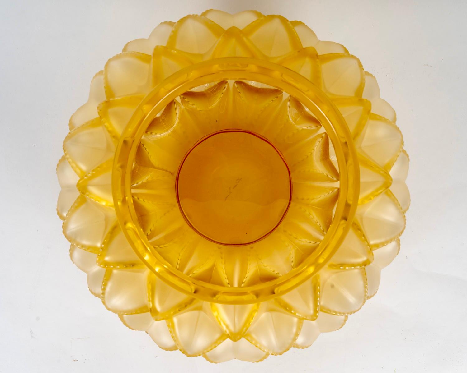 French Lalique France - Vase Languedoc Yellow Amber Crystal - Cactus Leaves