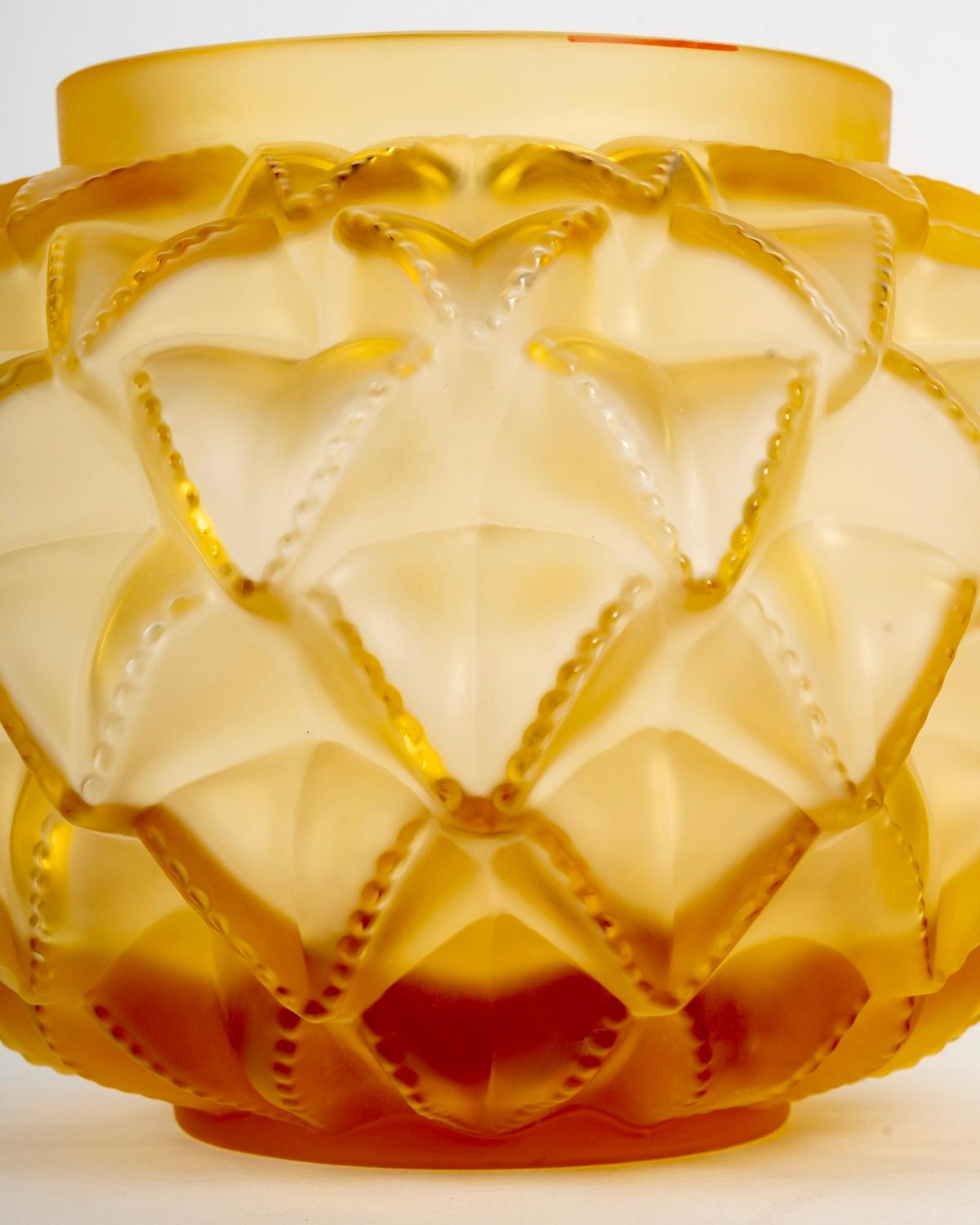 Molded Lalique France - Vase Languedoc Yellow Amber Crystal - Cactus Leaves