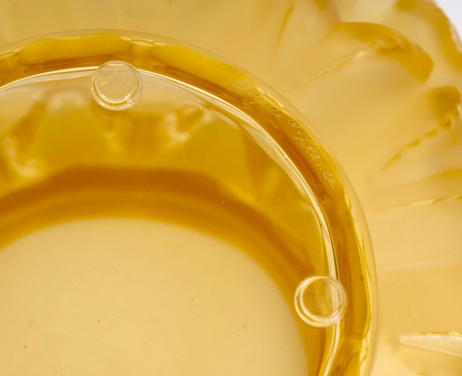 Lalique France - Vase Languedoc Yellow Amber Crystal - Cactus Leaves In Excellent Condition For Sale In Boulogne Billancourt, FR