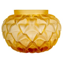 Lalique France - Vase Languedoc Yellow Amber Crystal - Cactus Leaves
