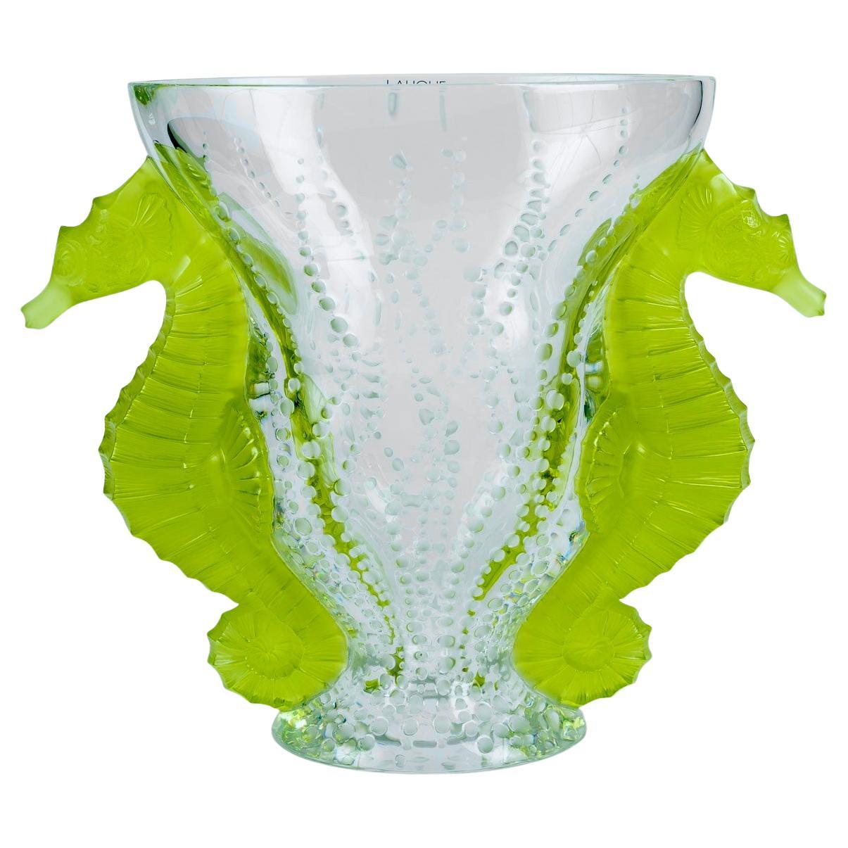 Lalique France - Vase Poseidon Clear and Lime Green Crystal - NEW IN BOX