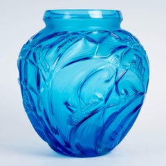 Lalique France - Vase Sauterelles Grasshoppers Electric Blue Crystal NEW