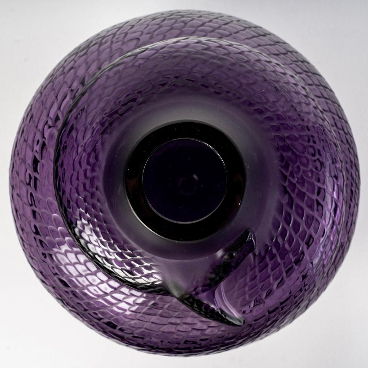 Art Deco Lalique France - Vase Serpent Snake Purple Crystal N°44/88 New Box & Certificate