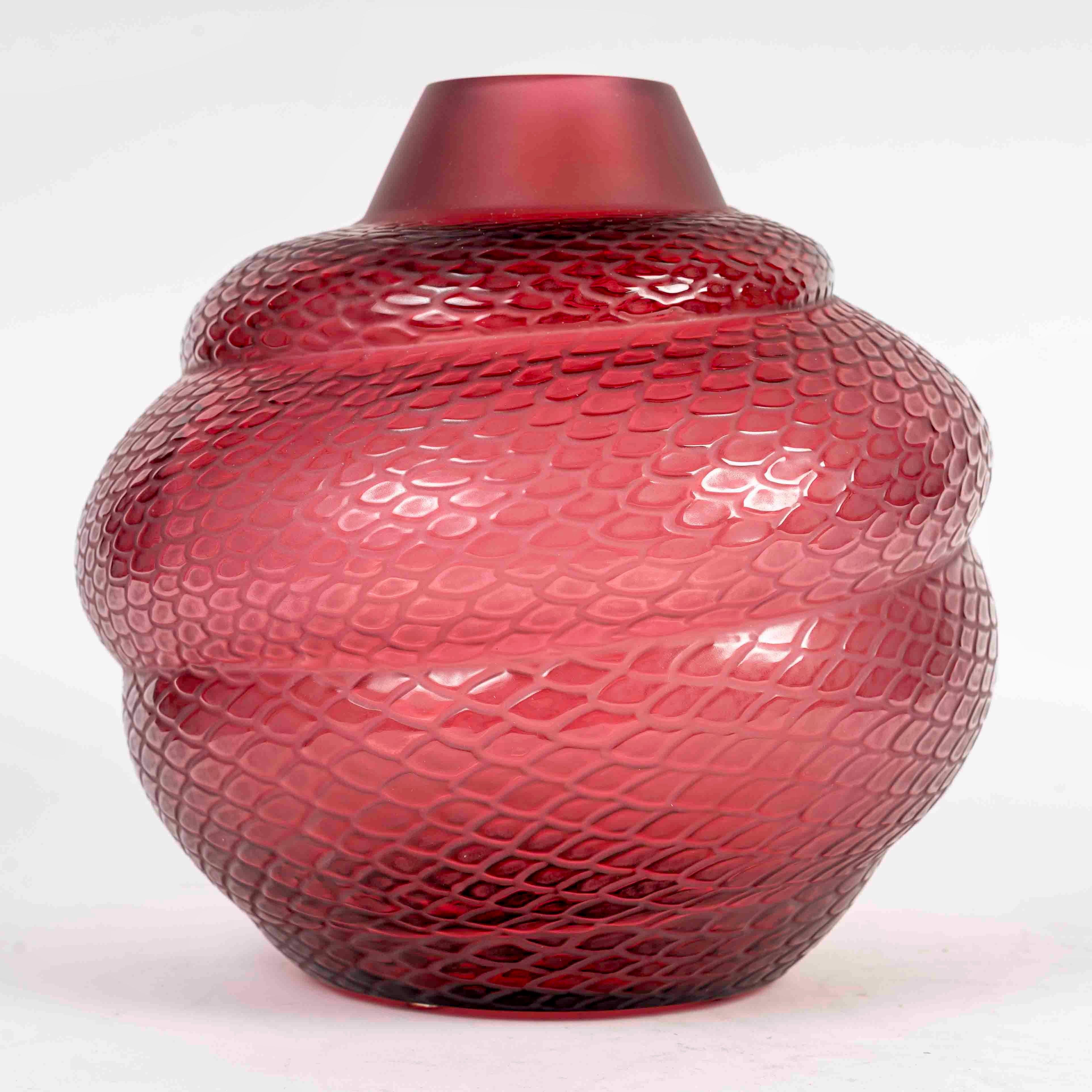 French Lalique France - Vase Serpent Snake Red Crystal - New In Box For Sale