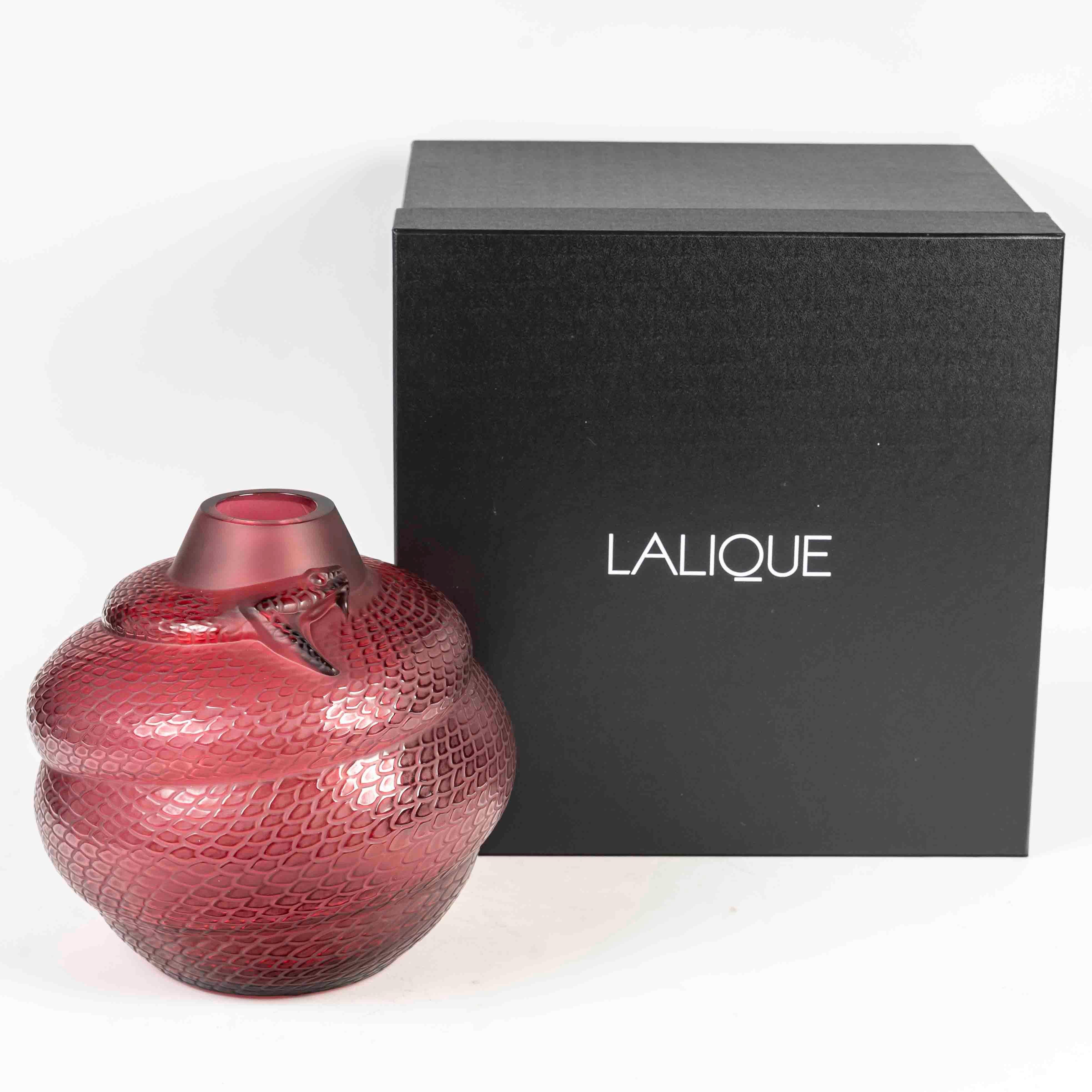 Contemporary Lalique France - Vase Serpent Snake Red Crystal - New In Box For Sale