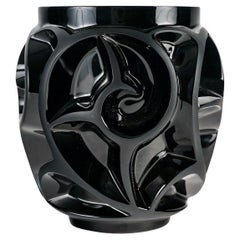 Lalique France, Vase Tourbillons Black Crystal, Numbered, New