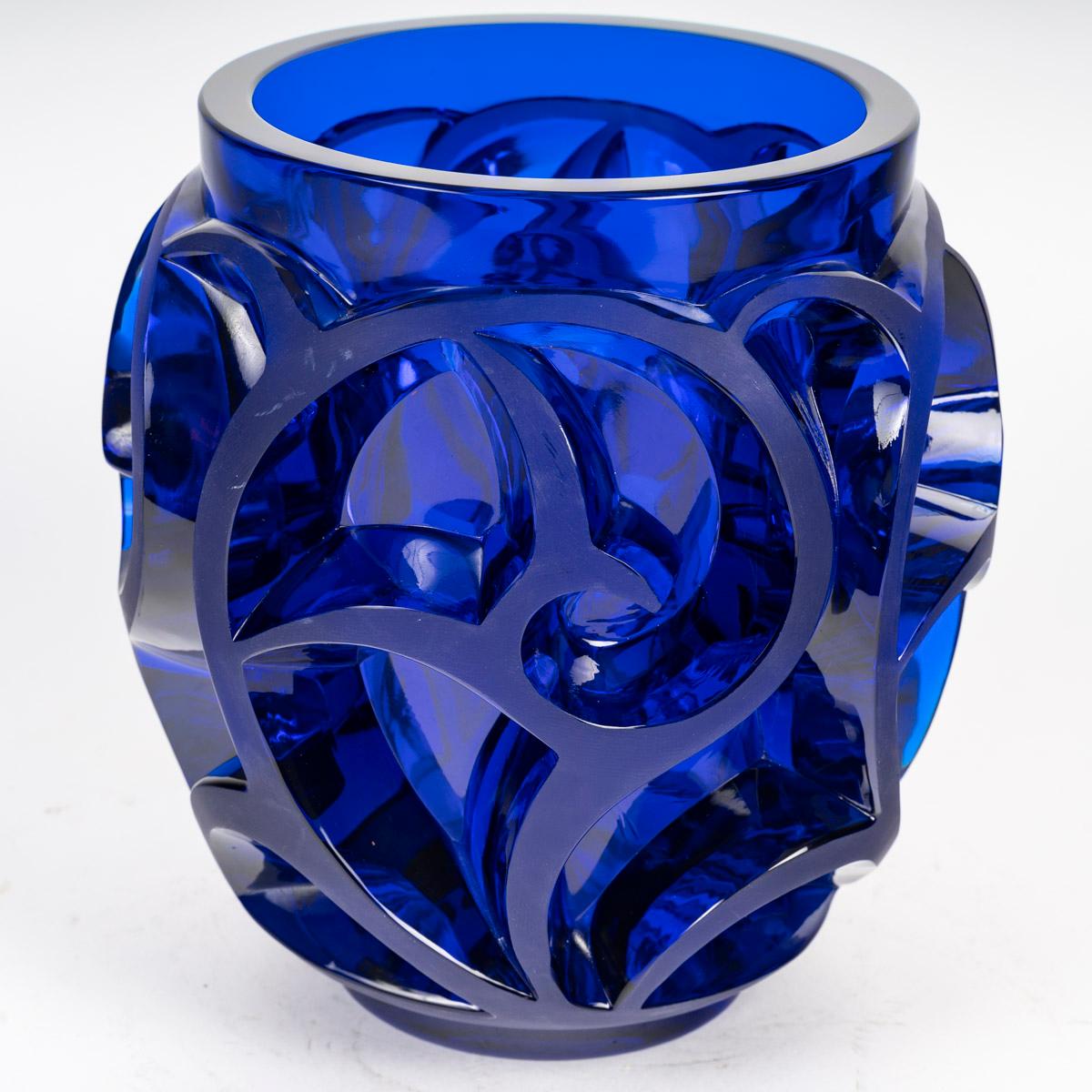 French Lalique France - Vase Tourbillons Scrolls Blue Crystal
