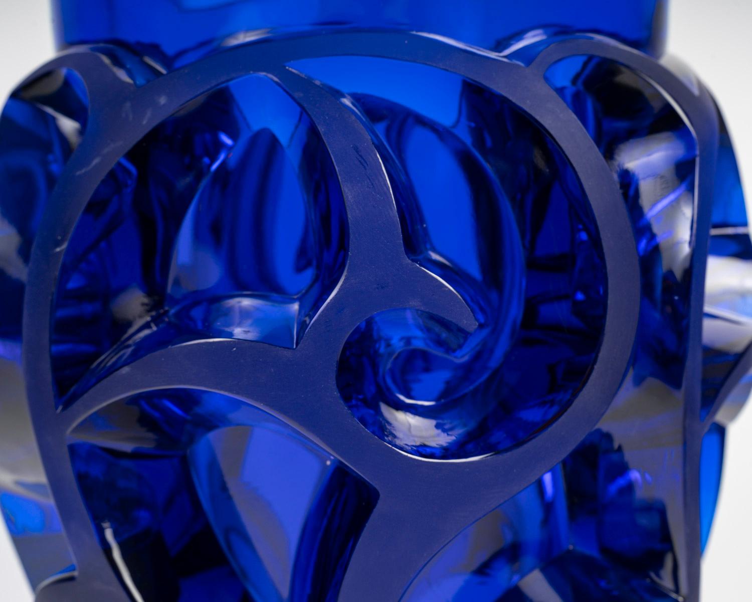 Molded Lalique France - Vase Tourbillons Scrolls Blue Crystal