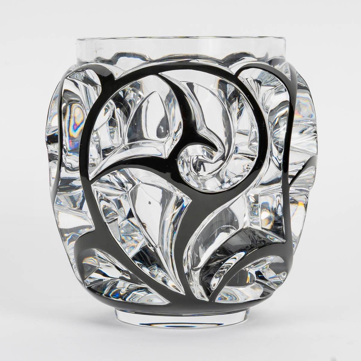 Francese Lalique France - Vase Tourbillons Scrolls Clear Crystal Black Enamel in vendita