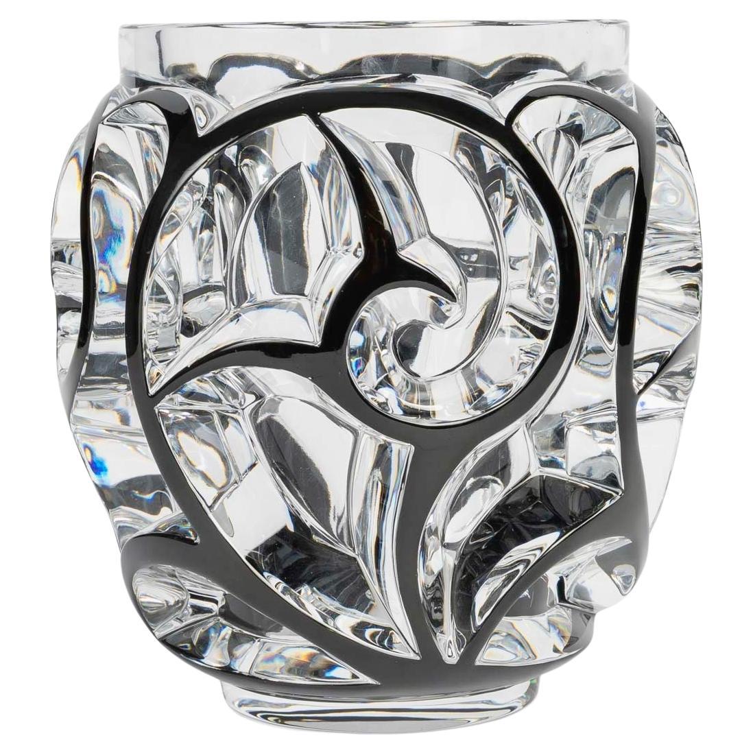 Lalique France - Vase Tourbillons Scrolls Clear Crystal Black Enamel