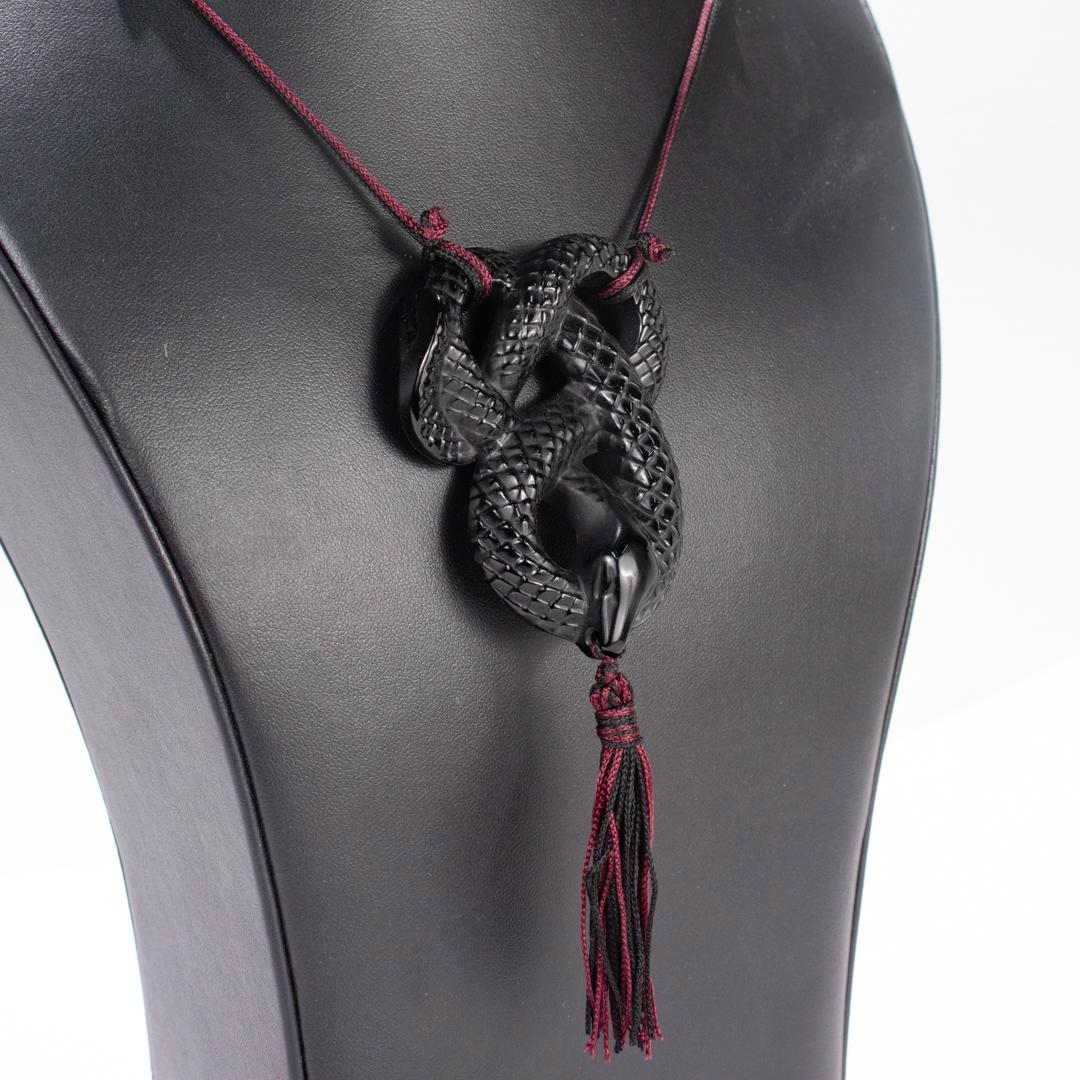 Lalique French Art Glass 'Serpent Sautoir Noir' Black Snake Pendant Necklace 2