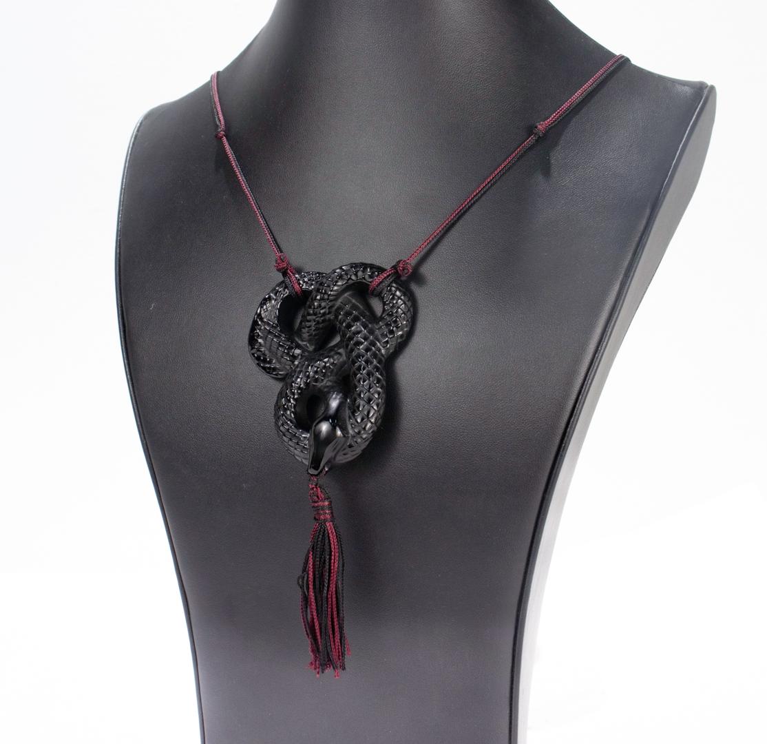 Lalique French Art Glass 'Serpent Sautoir Noir' Black Snake Pendant Necklace 3