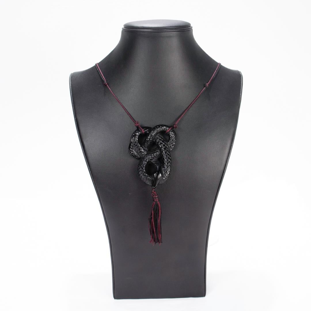 Modern Lalique French Art Glass 'Serpent Sautoir Noir' Black Snake Pendant Necklace