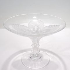 Lalique French Art Glass Virginia Pattern Compote or Tazza with Frosted Peacocks