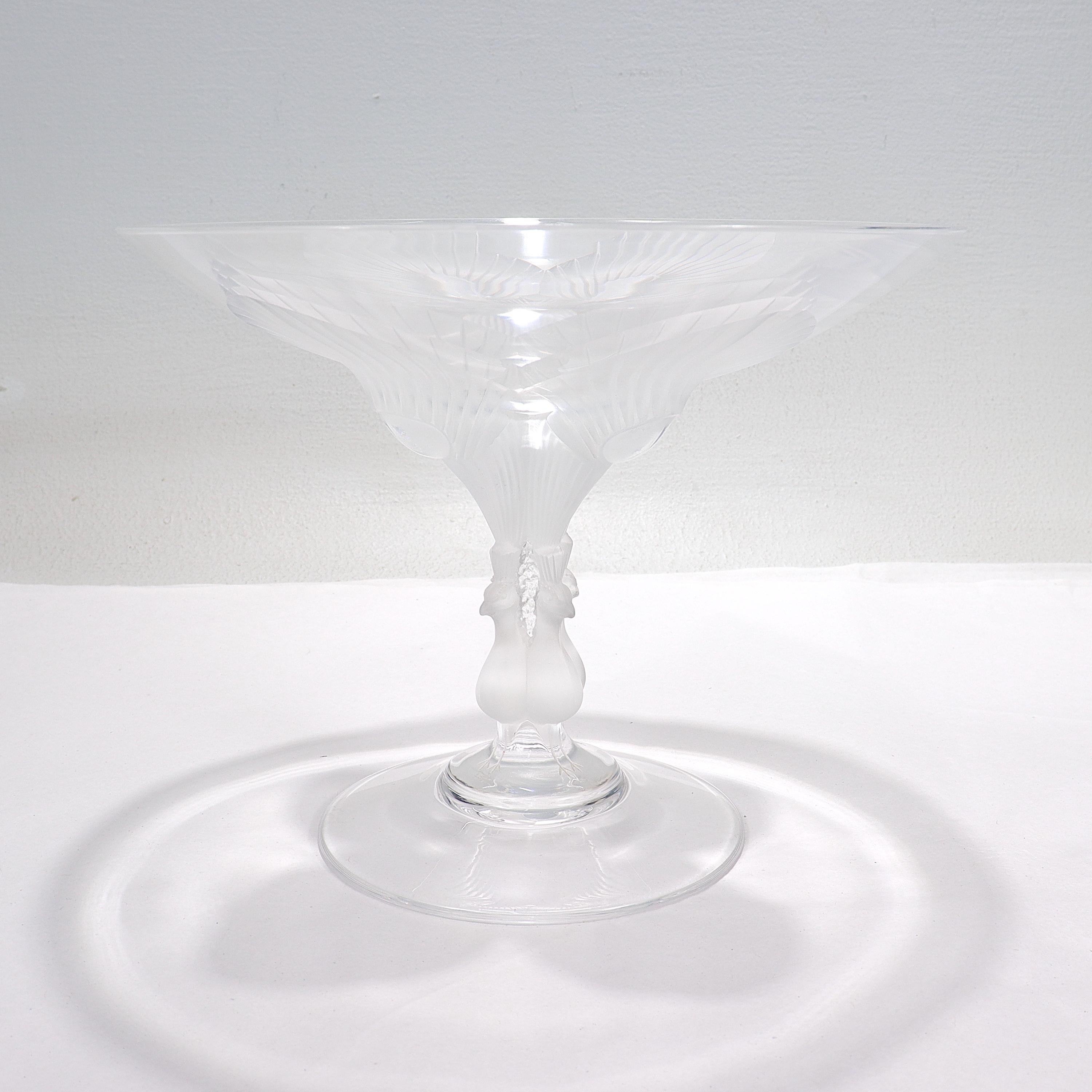 Art Deco Lalique French Art Glass Virginia Pattern Compote or Tazza with Frosted Peacocks