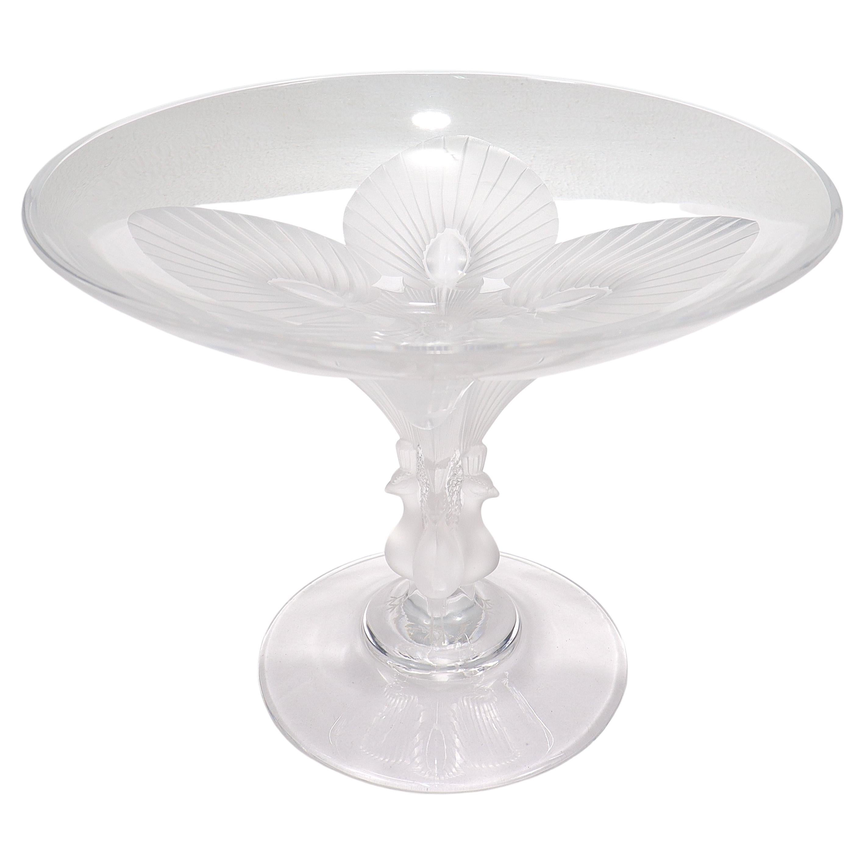 Lalique French Art Glass Virginia Pattern Compote or Tazza with Frosted Peacocks
