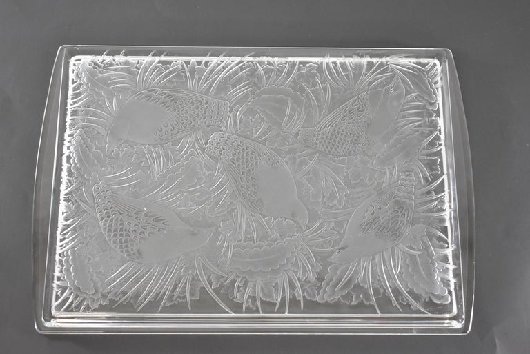 Lalique French Crystal Pedrix Partridge Bird Glass Tray Platter For Sale at 1stDibs