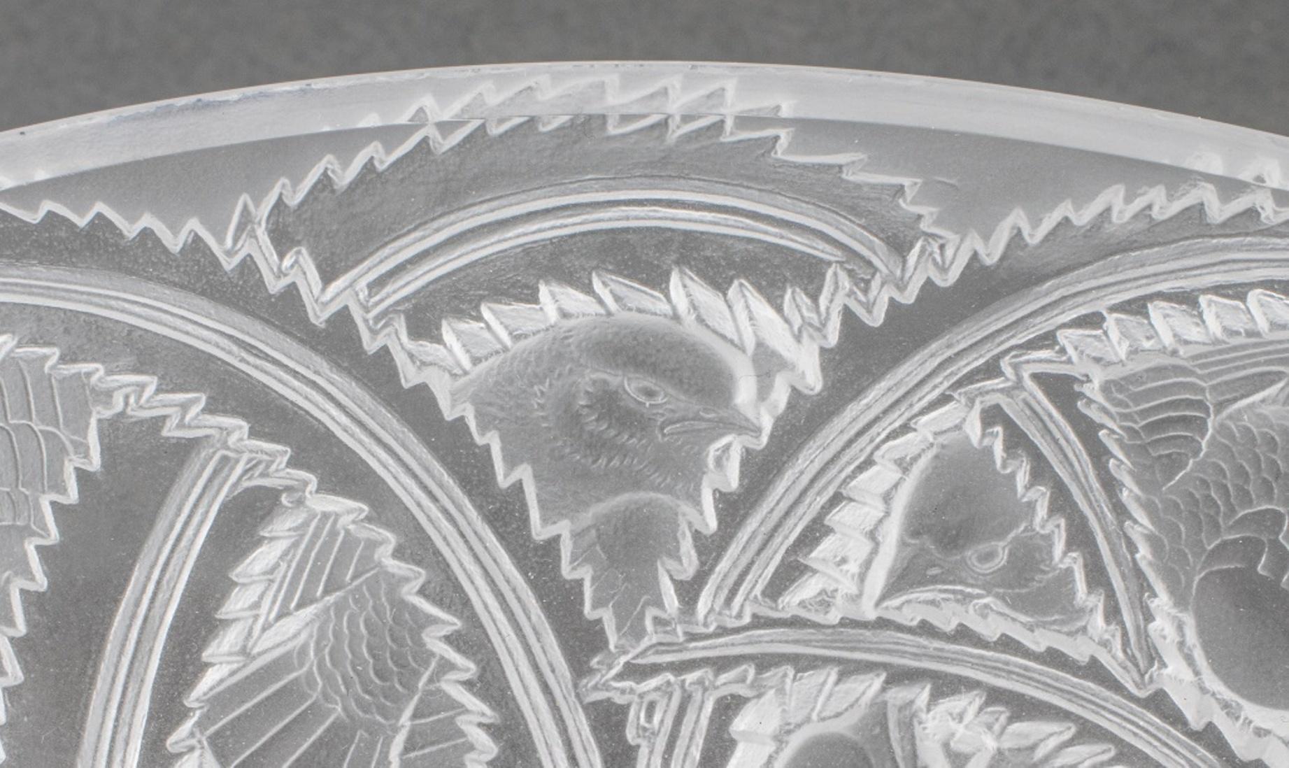 Lalique frosted and clear cut crystal bowl with birds amongst stylized geometric foliage, marked 