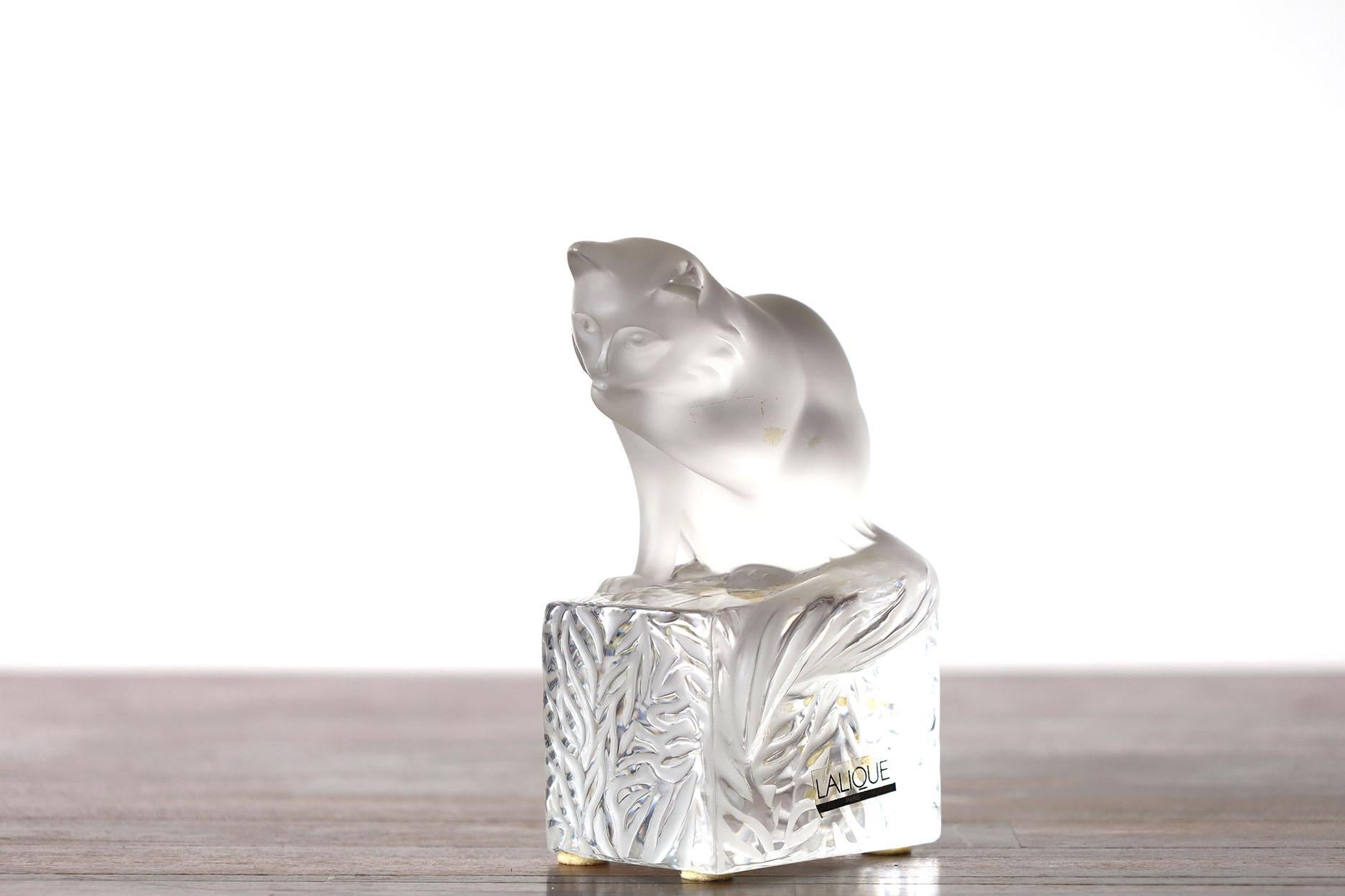 Organic Modern Lalique Frosted Crystal Sitting Cat Figurine Signed. For Sale