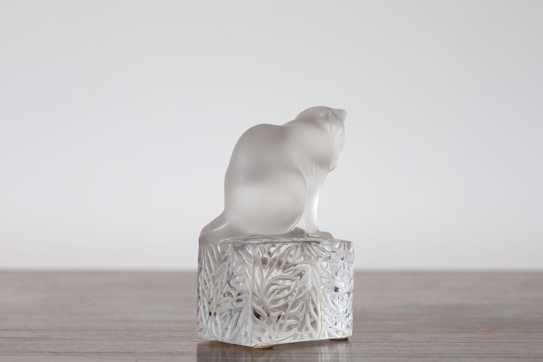 Late 20th Century Lalique Frosted Crystal Sitting Cat Figurine Signed. For Sale