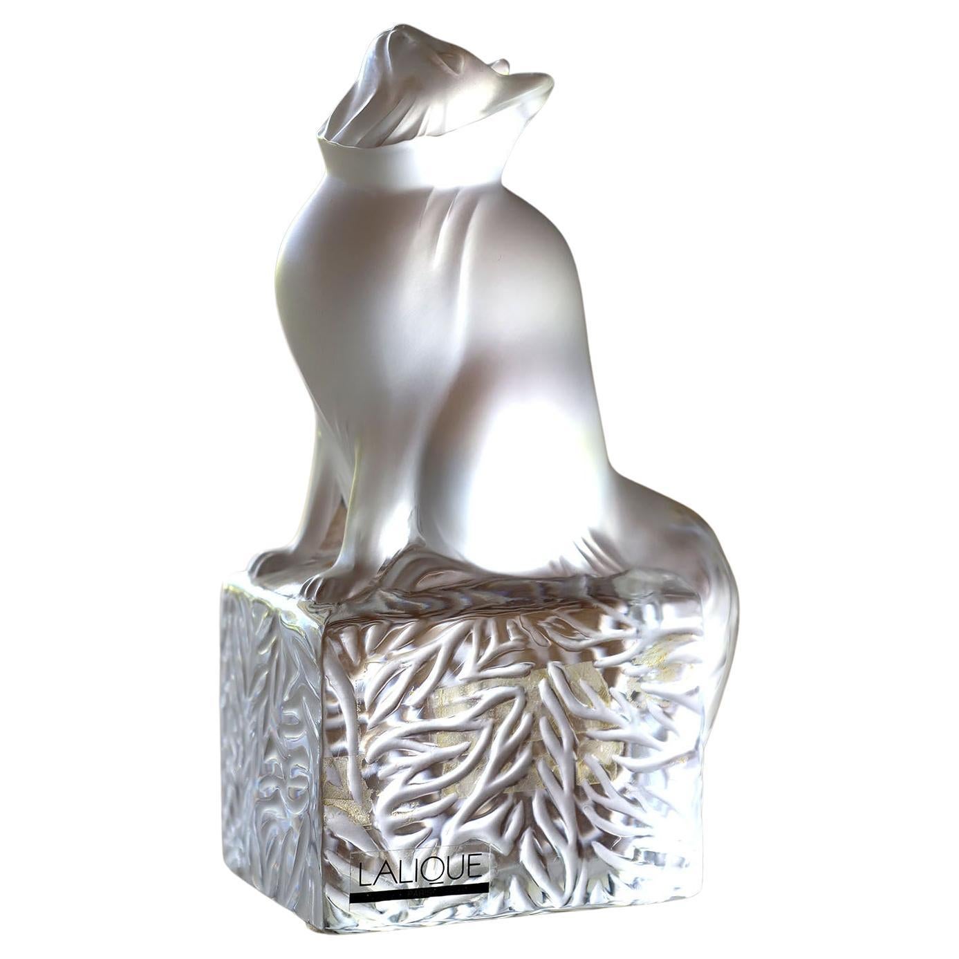 Lalique Frosted Crystal Sitting Cat Figurine Signed. For Sale