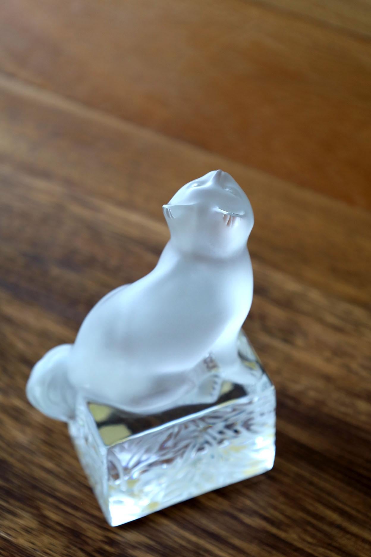 Hand-Crafted Lalique Frosted Crystal Sitting Cat For Sale