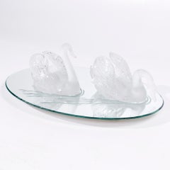 Lalique Frosted Crystal Swimming Swans Pair with Mirror