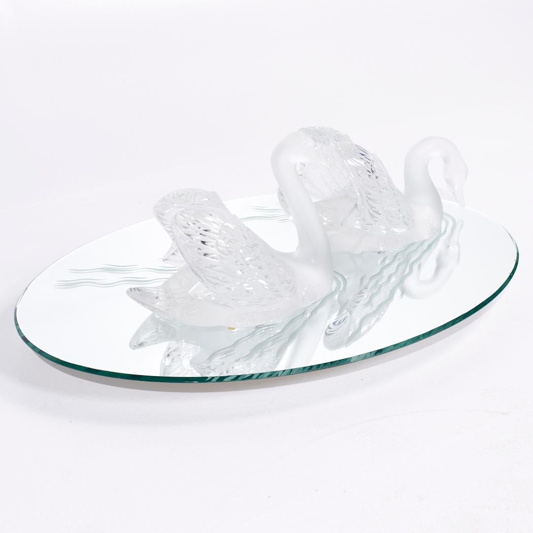 Modern Lalique Frosted Crystal Swimming Swans Pair with Mirror For Sale