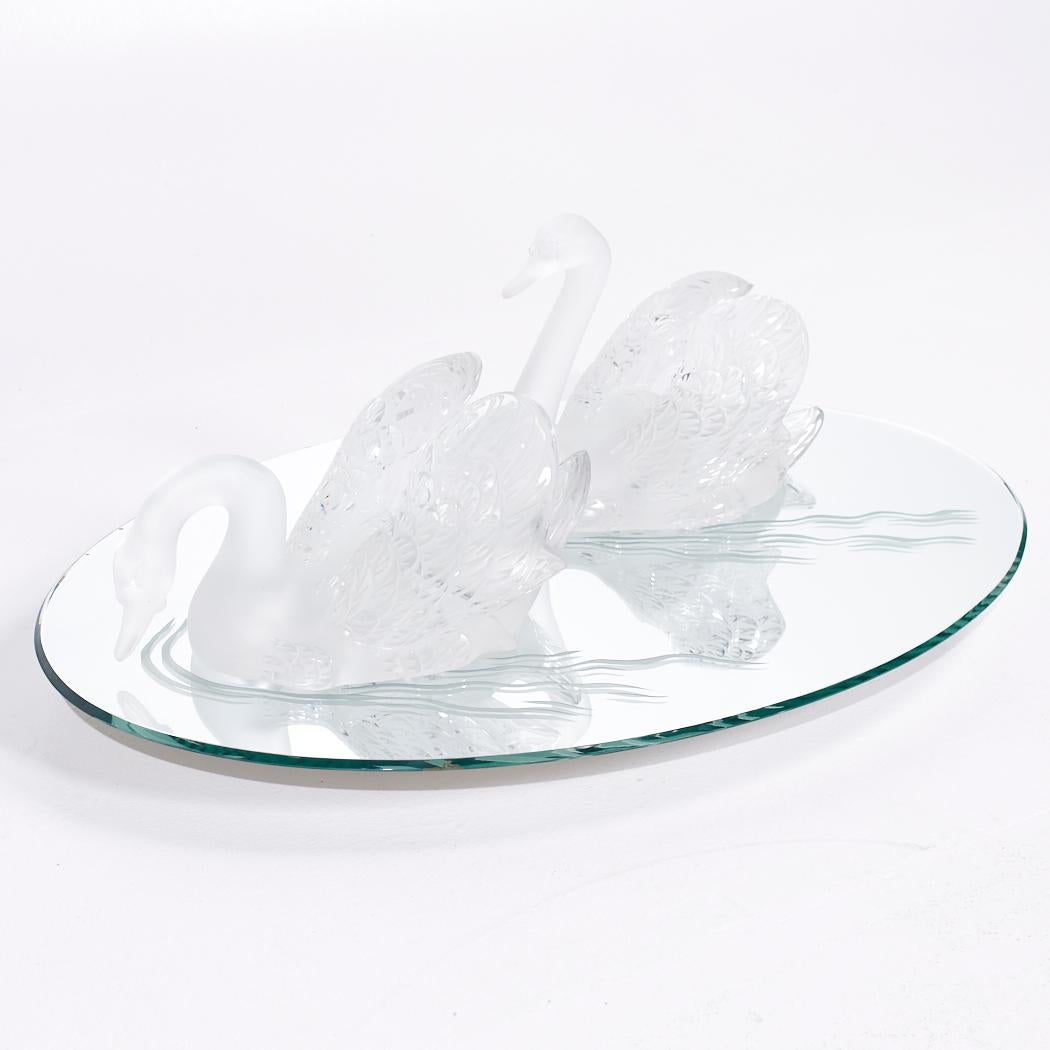 French Lalique Frosted Crystal Swimming Swans Pair with Mirror For Sale