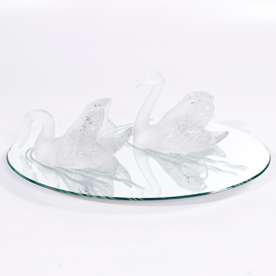 Lalique Frosted Crystal Swimming Swans Pair with Mirror In Good Condition For Sale In Countryside, IL