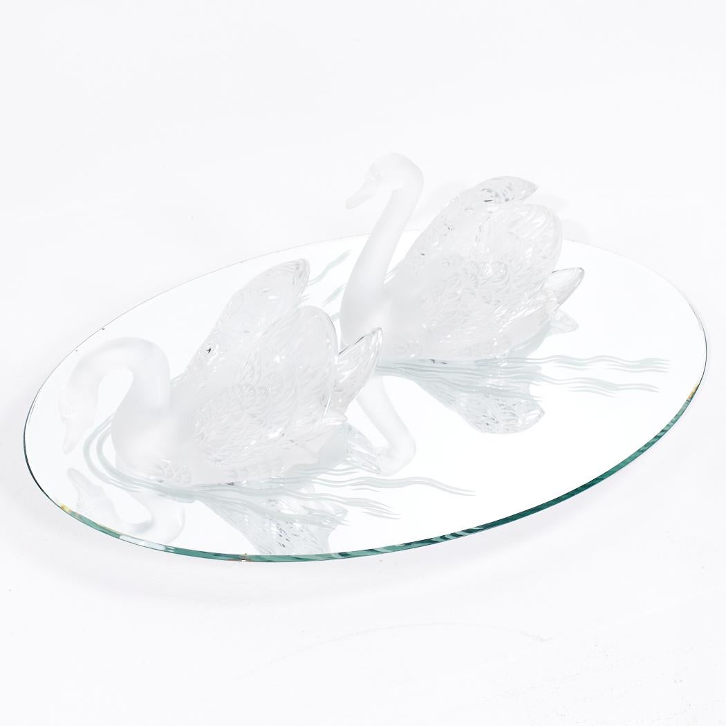 Contemporary Lalique Frosted Crystal Swimming Swans Pair with Mirror For Sale